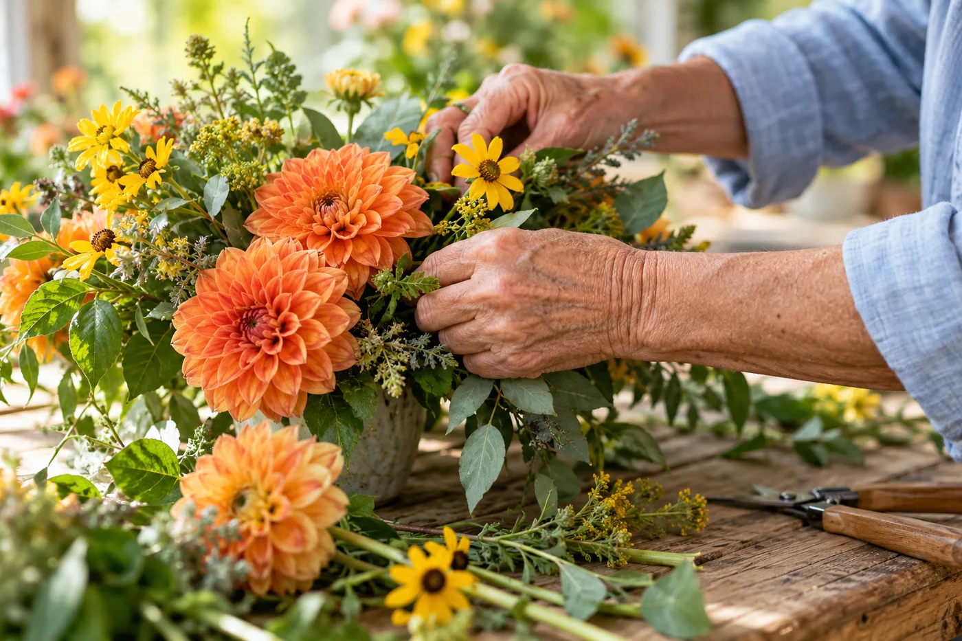 Sfeerbeeld: handen schikken kleurrijke herfstbloemen aan een houten tafel