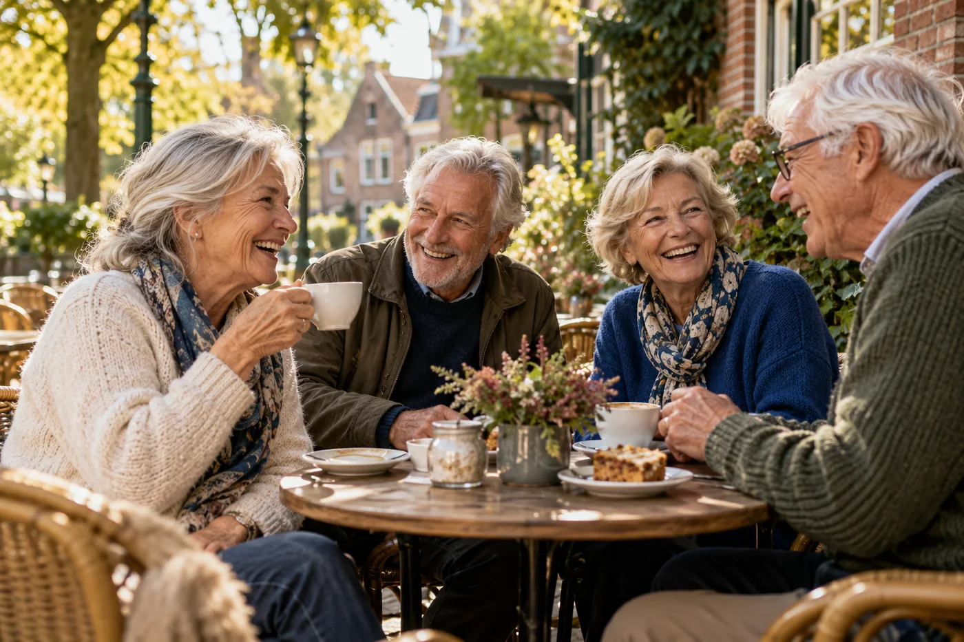 Sfeerbeeld: senioren genieten samen van koffie op een zonnig terras