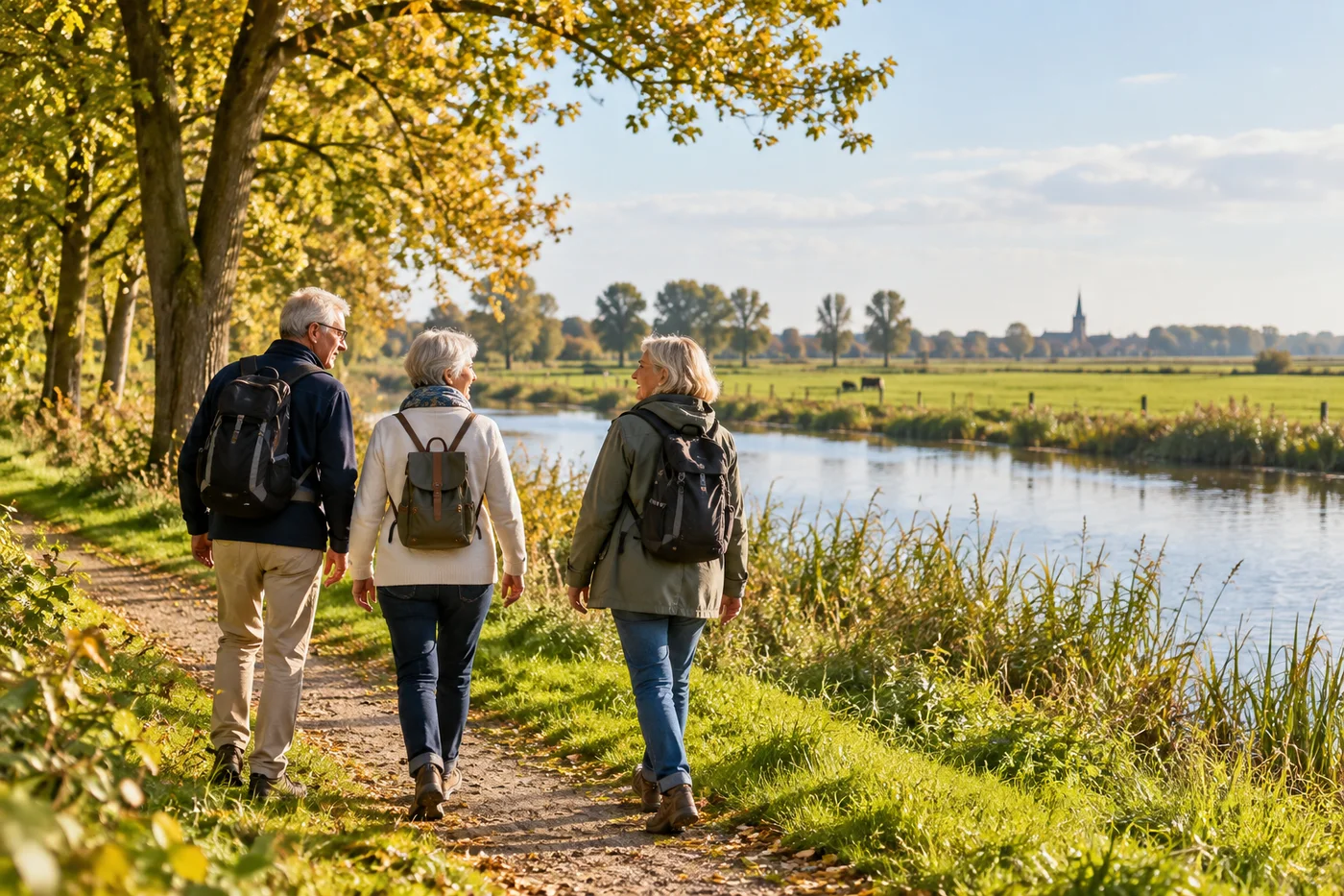 Sfeerbeeld: samen wandelen langs een rivier in het groene buitengebied